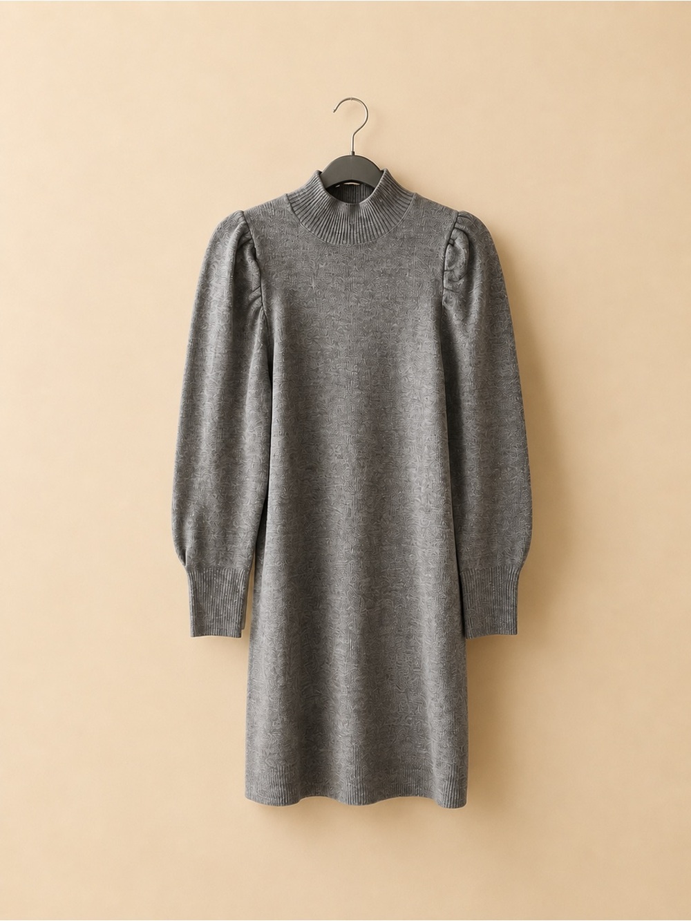 WAYF Gray Knit Mini Long Puffed Sleeve Sweater Dress